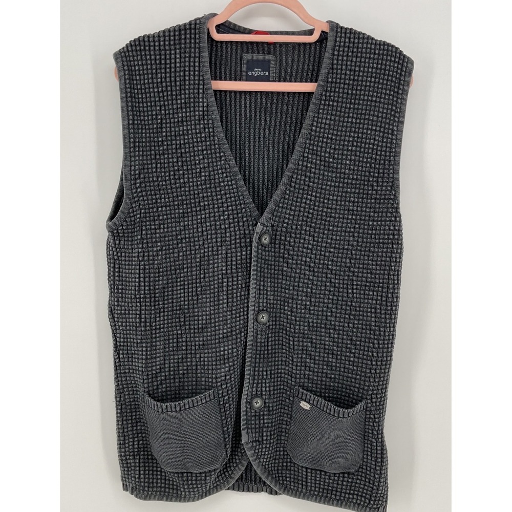 Engbers Mens Sweater Vest Outdoor Adventure Gray Cotton Waffle Knit Button Med